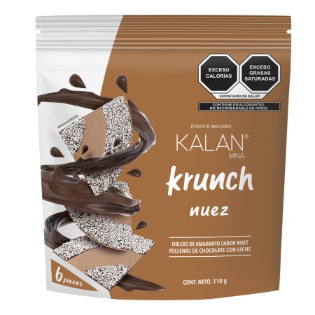 Bolsa de Kalan Krunch sabor nuez, obleas de amaranto rellenas de chocolate con leche, presentación de 6 piezas.