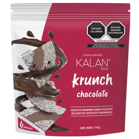 Bolsa de Kalan Krunch sabor chocolate, obleas de amaranto rellenas de chocolate semiamargo, paquete de 6 piezas.