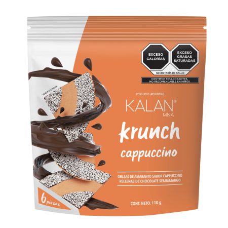 Bolsa de Kalan Krunch sabor cappuccino, obleas de amaranto con relleno de chocolate semiamargo, presentación de 6 piezas.