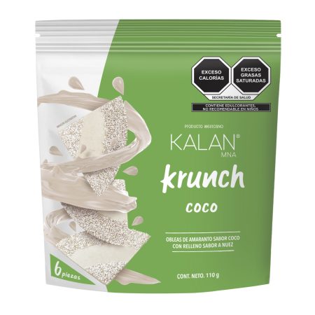 Bolsa de Kalan Krunch sabor coco, obleas de amaranto con relleno sabor nuez, presentación de 6 piezas.