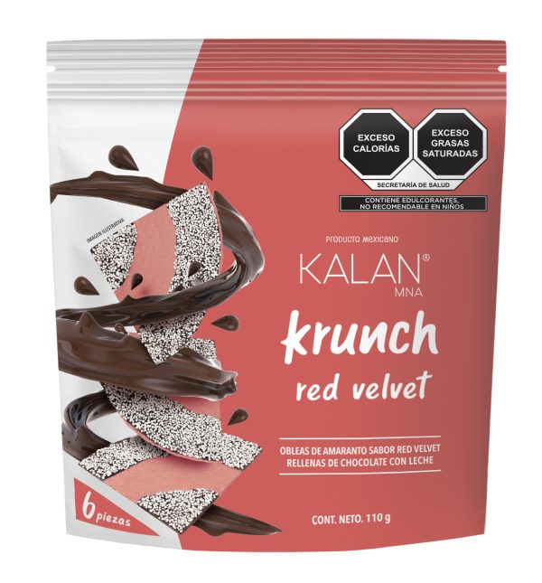 Bolsa de Kalan Krunch sabor Red Velvet, obleas de amaranto rellenas de chocolate con leche, paquete de 6 piezas.