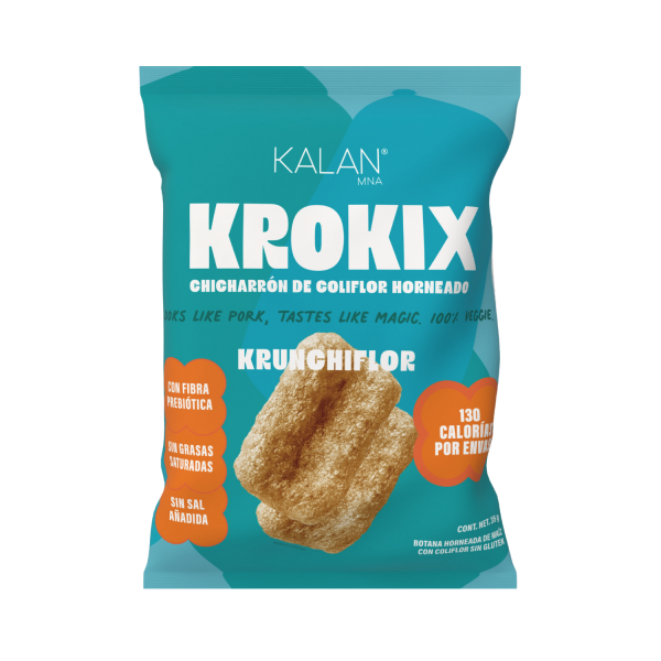 Bolsa de Krokix Krunchiflor, chicharrón de coliflor horneado, 100% vegetal, con fibra prebiótica, sin grasas saturadas ni sal añadida.